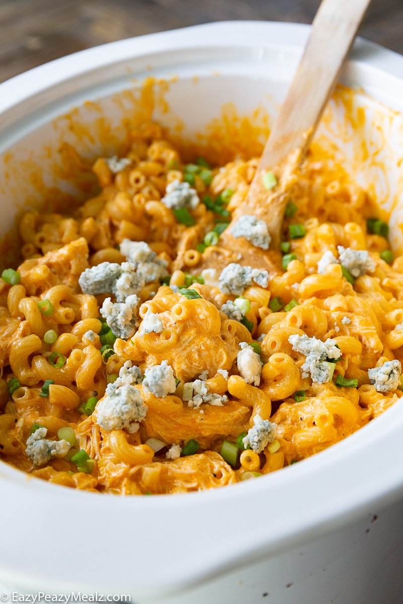 A crock pot full of buffalo chicken mac and cheese.