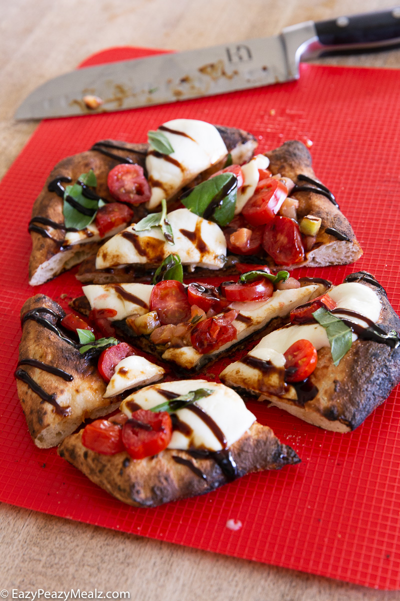 A caprese flatbread, easily made in the pizza oven