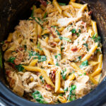 Marry me chicken pasta, where everything is cooked in the slow cooker.