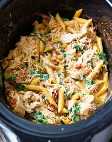 Marry me chicken pasta, where everything is cooked in the slow cooker.