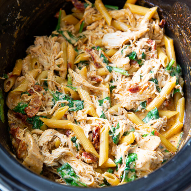 Marry me chicken pasta, where everything is cooked in the slow cooker.
