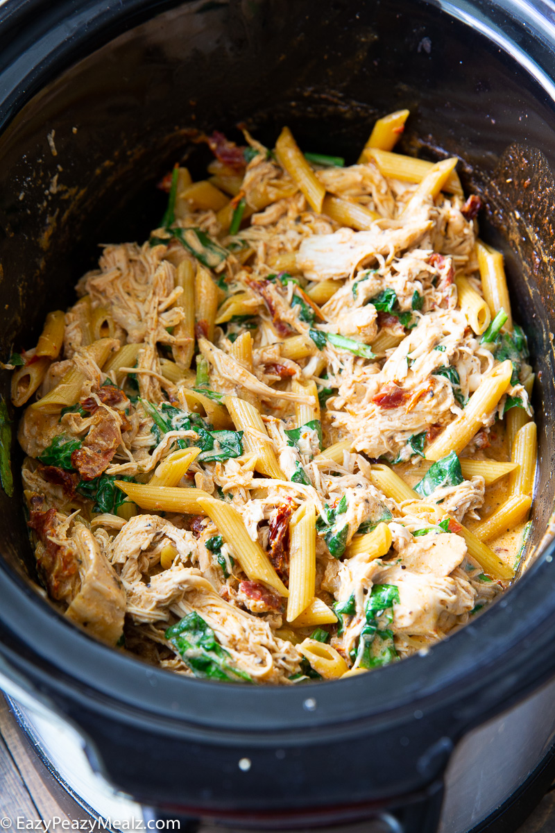 Marry me chicken pasta, where everything is cooked in the slow cooker.