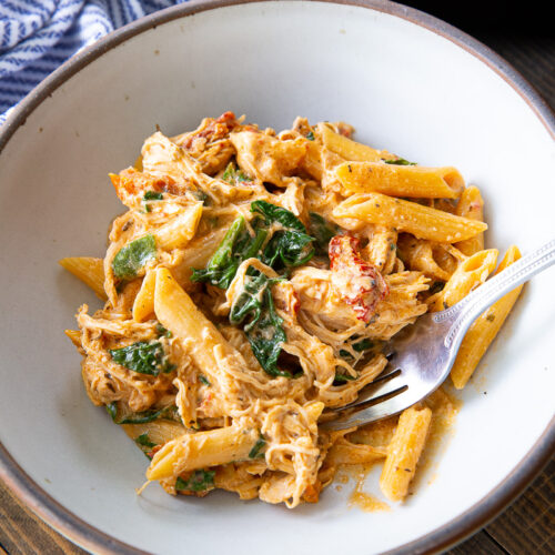 Crock pot marry me chicken pasta, creamy pasta with a decadent sauce