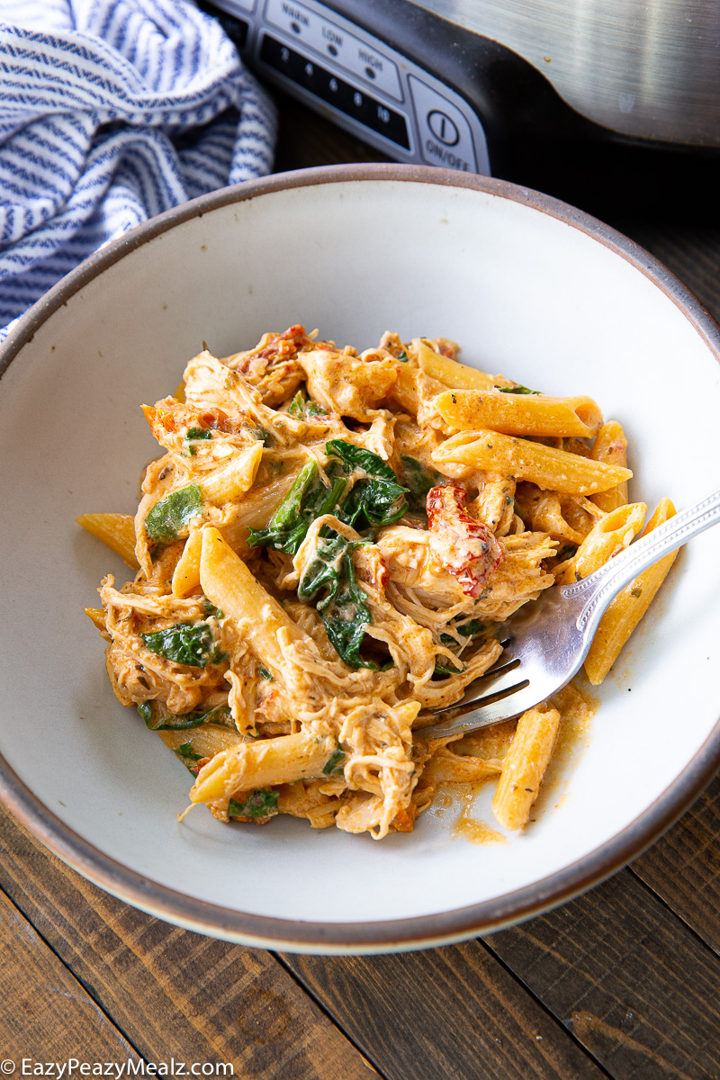 Crock pot marry me chicken pasta, creamy pasta with a decadent sauce
