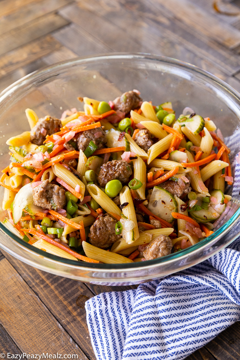 Potsticker pasta salad, a great pasta salad for potsticker lovers.