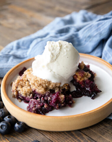 Crockpot Blueberry Cobbler, a delicious, easy dessert made simply in the slow cooker.