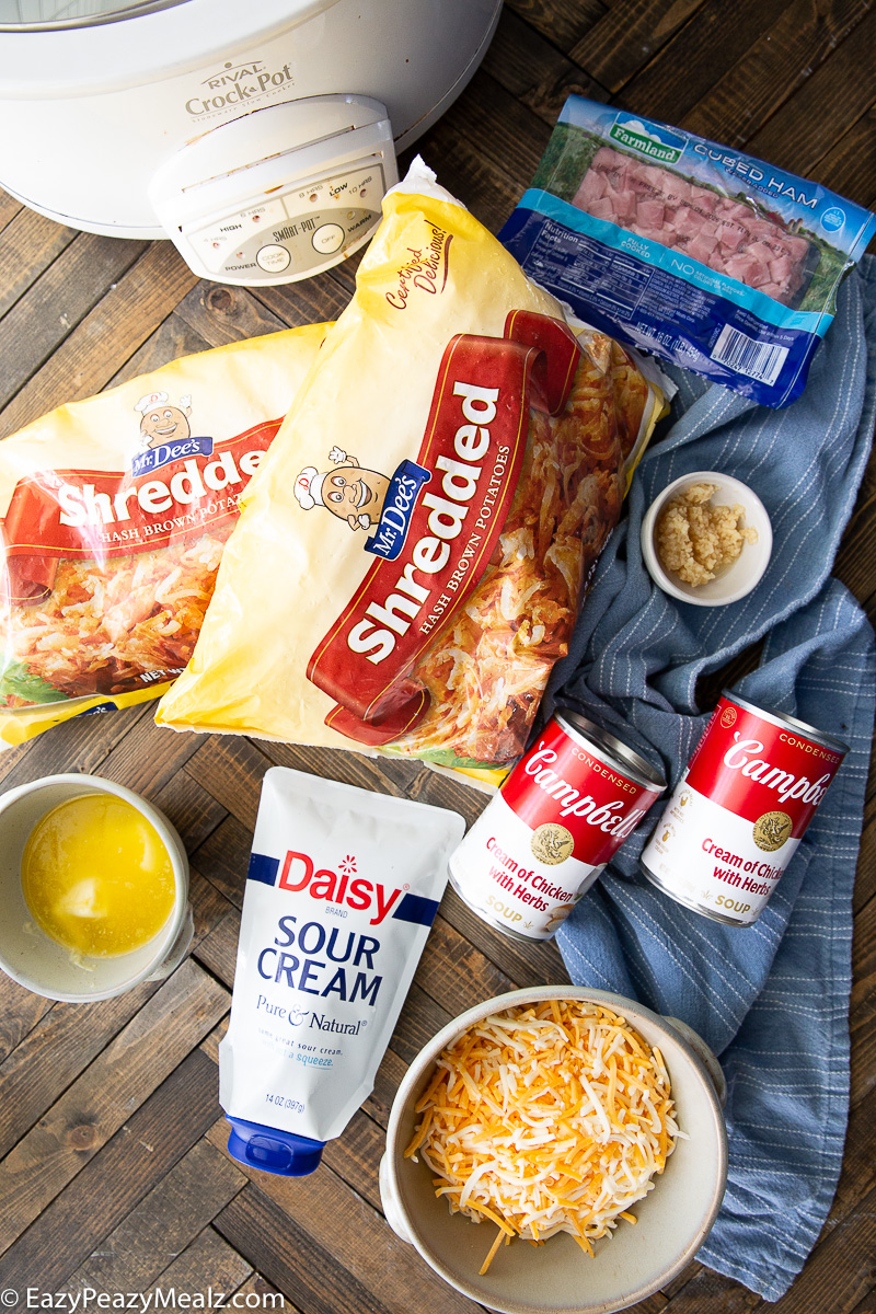 Ingredients for a slow cooker cheesy ham and potato casserole.