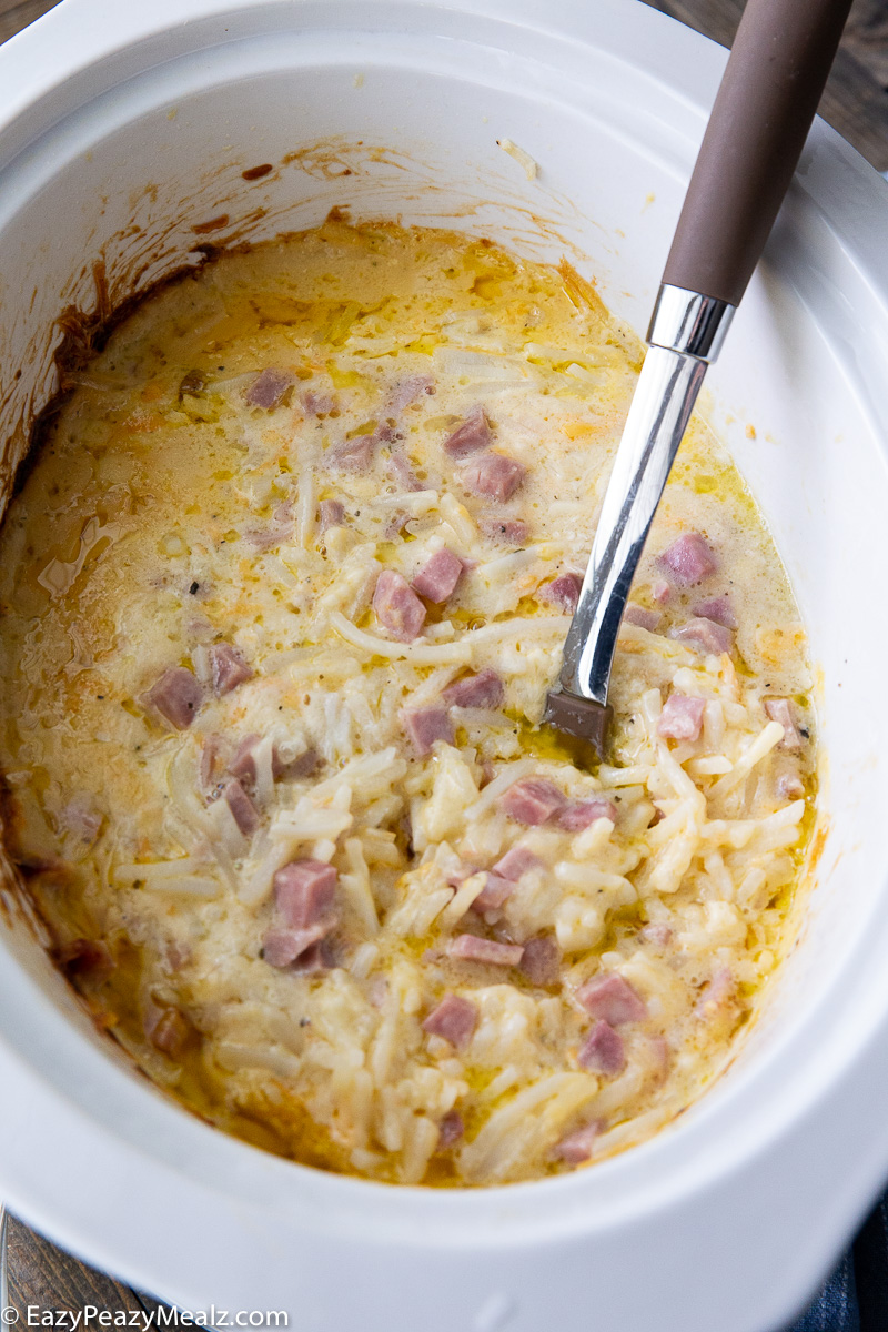 Slow cooker cheesy ham and potatoes.