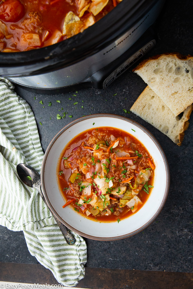 Cabbage roll soup, a simple deconstructed cabbage roll made in the slow cooker for soup season. 