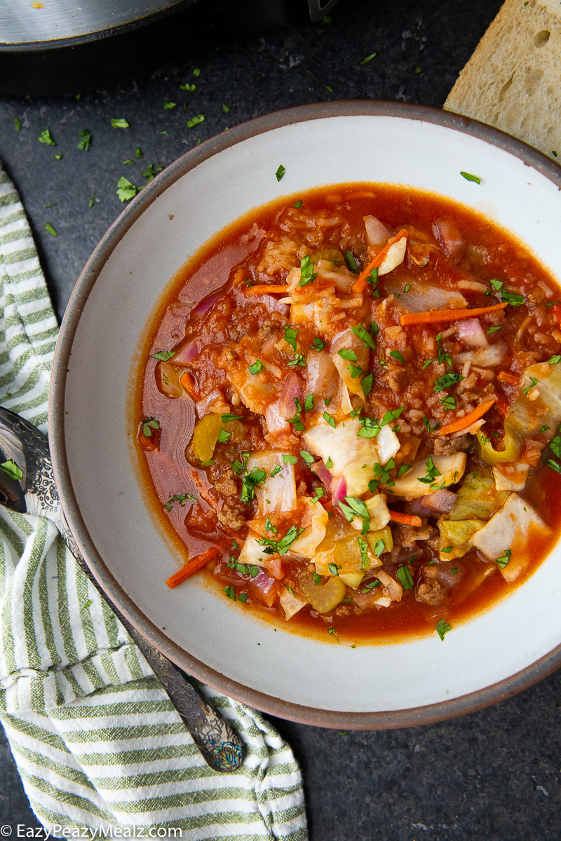 Slow cooker cabbage roll soup made in the crockpot. 