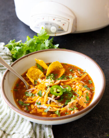 Chicken enchilada soup cooked in the slow cooker