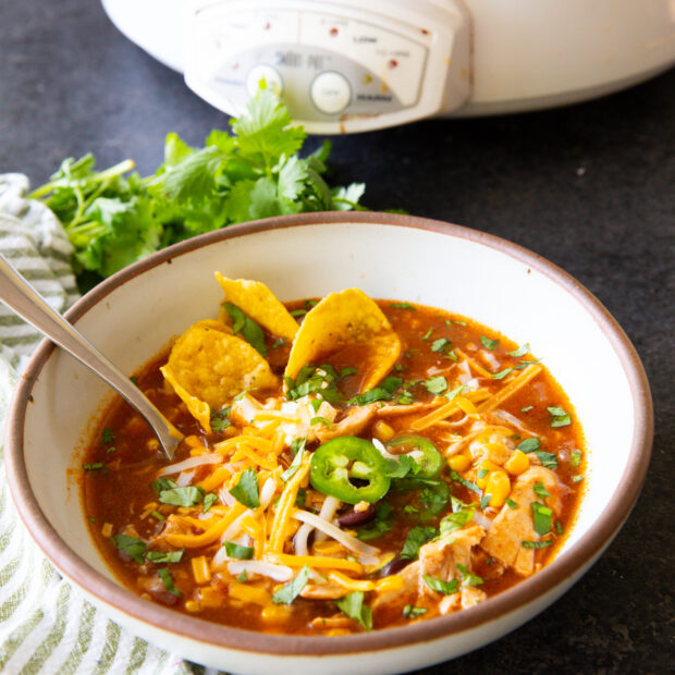 Chicken enchilada soup cooked in the slow cooker