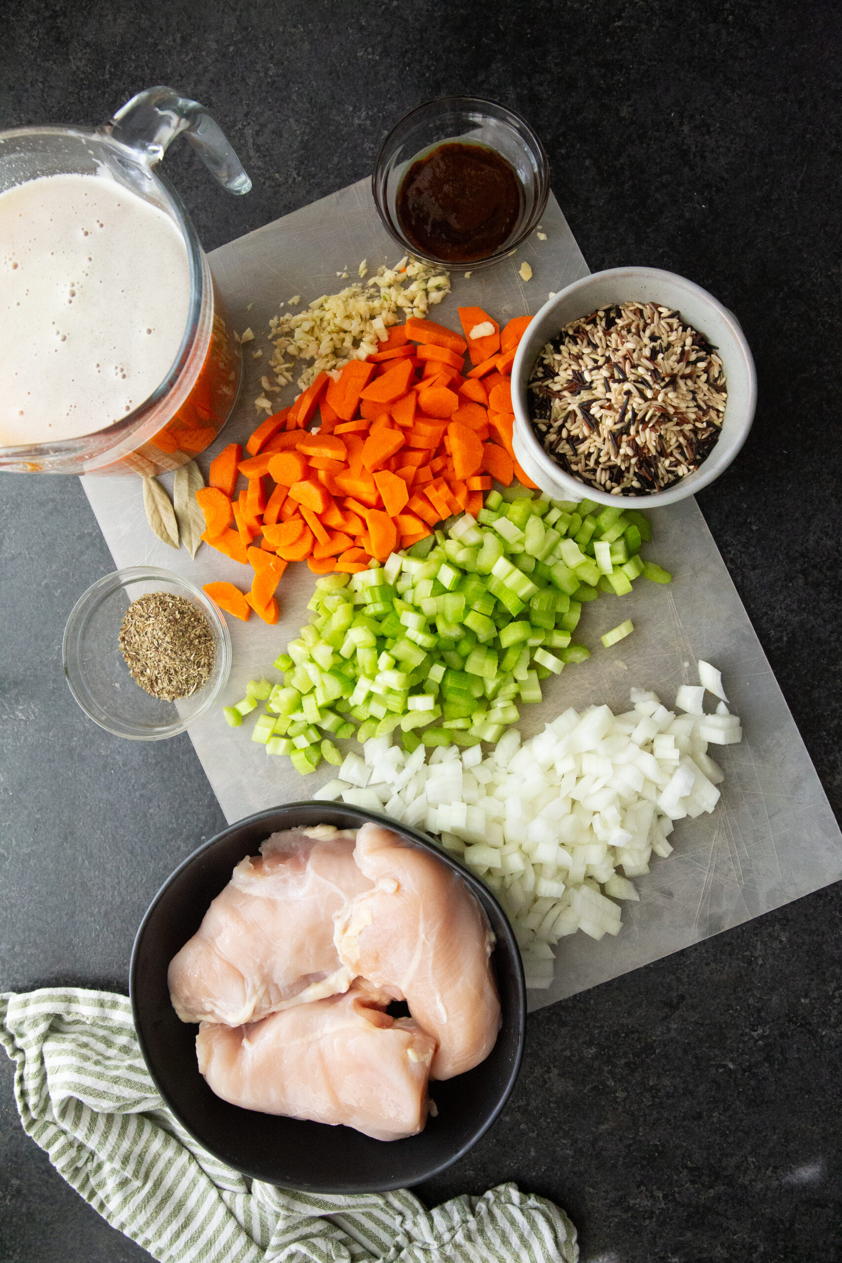 Ingredients needed for a slow cooker chicken and wild rice soup