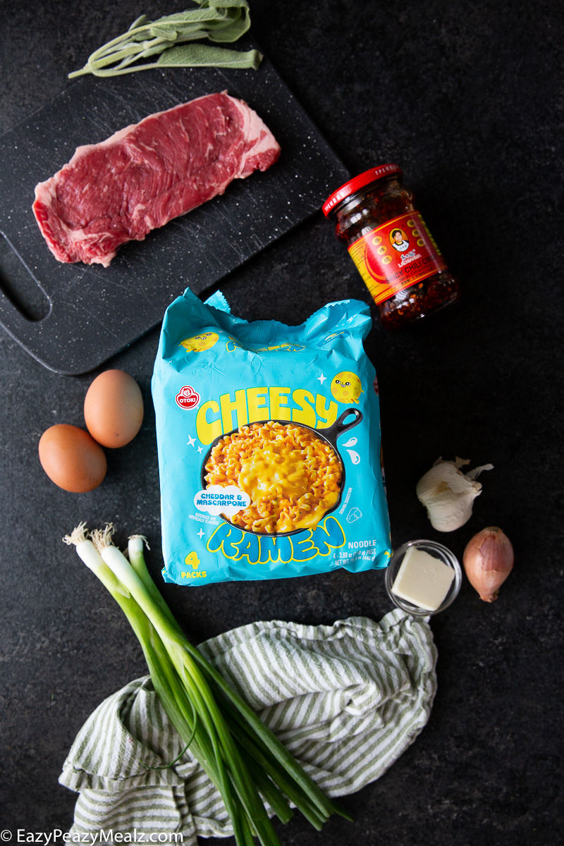What you need to make Cheesy Ramen with Garlic butter steak
