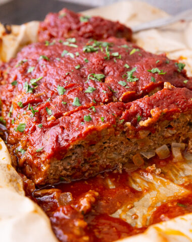 Slow cooker meatloaf with a sweet and savory ketchup glaze.