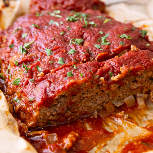 Slow cooker meatloaf with a sweet and savory ketchup glaze.