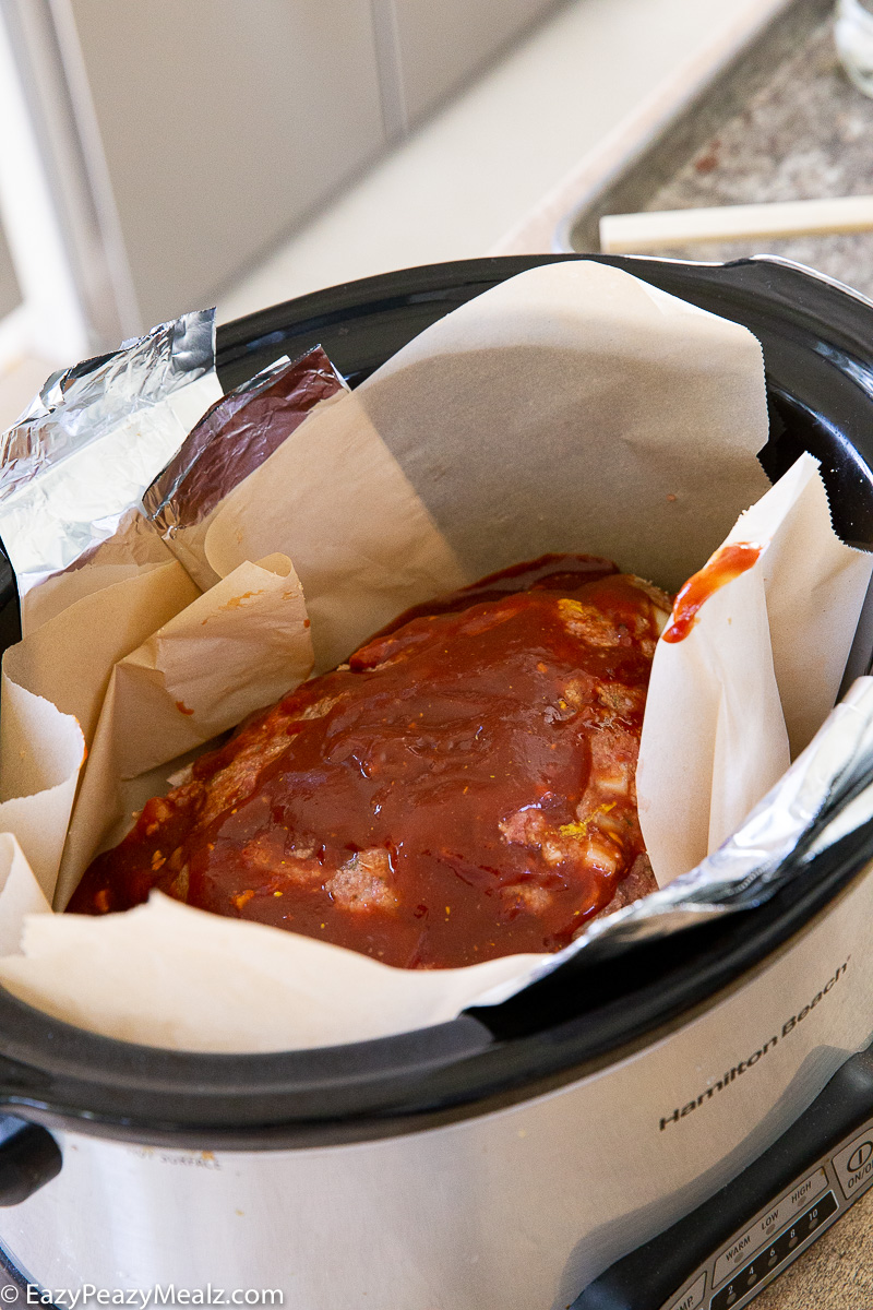 A slow cooked meatloaf in a ketchup glaze.