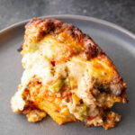 Pizza made in the slow cooker, a cross between pizza and casserole.