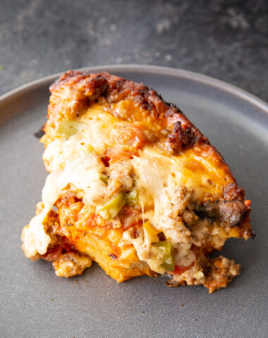 Pizza made in the slow cooker, a cross between pizza and casserole.