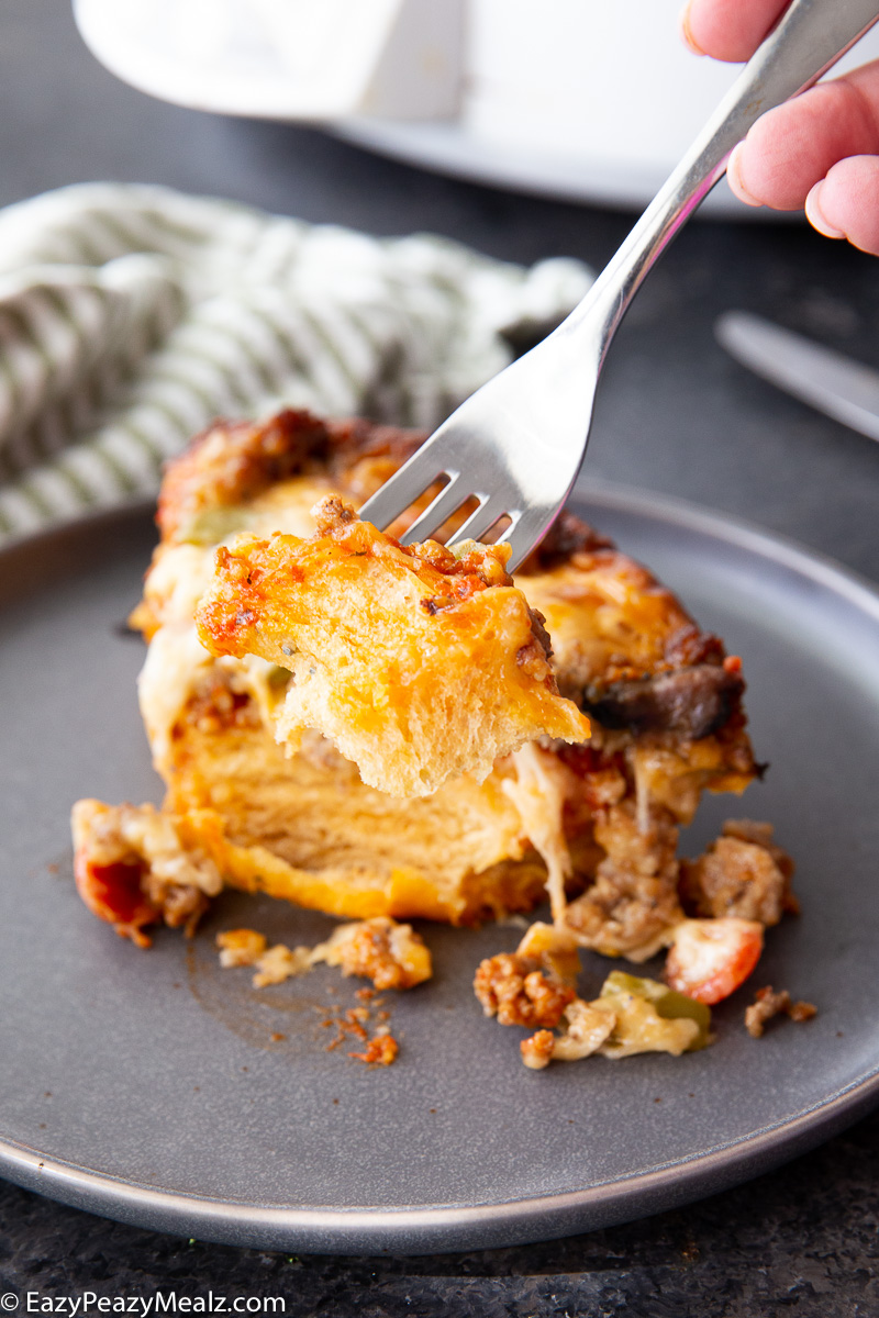 A bite of slow cooker pizza casserole