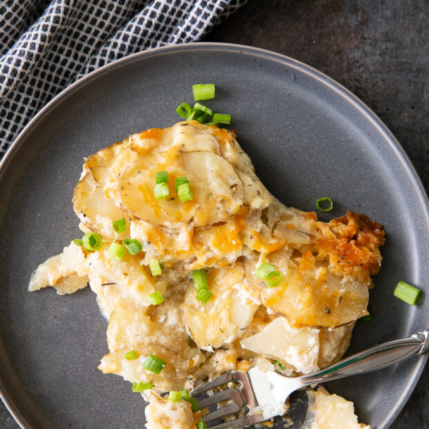 Scalloped potatoes cooked in the slow cooker.