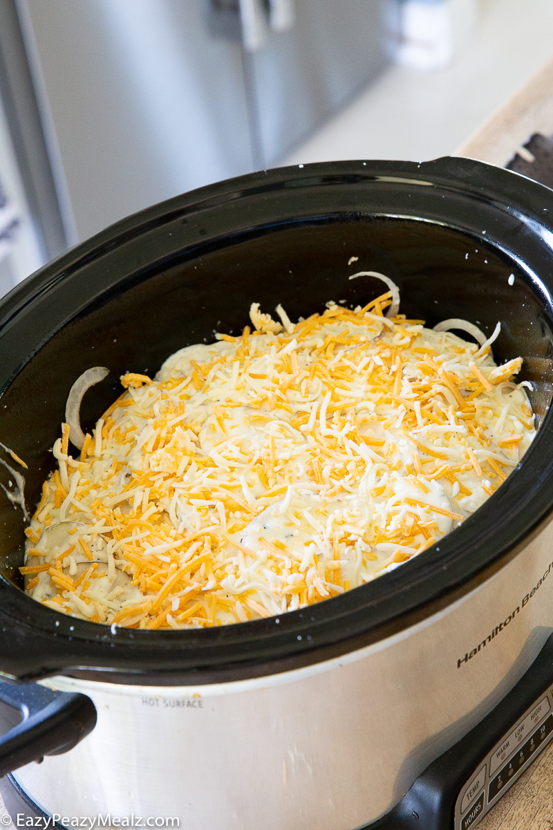 Making the slow cooker scalloped potatoes